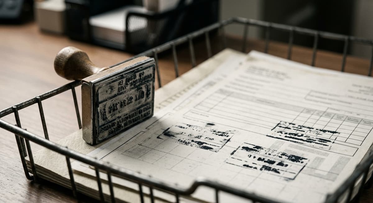 a date-received rubber stamp beside stamped but unreadable forms in a wire tray, tight crop