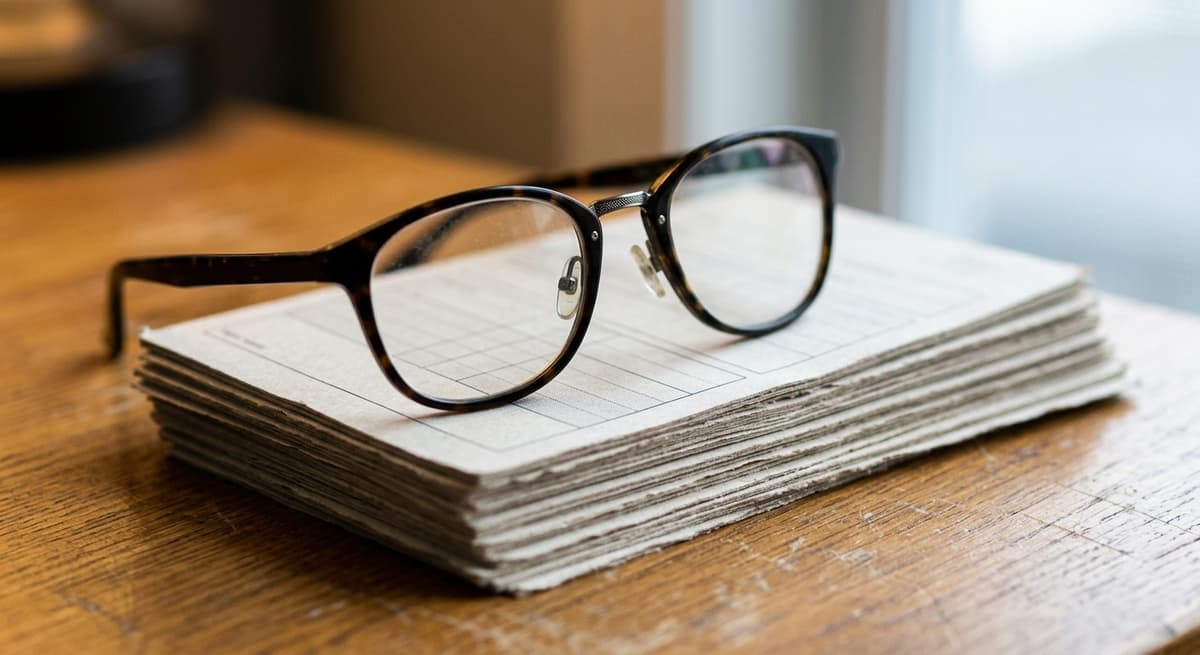 a small stack of printed forms with a pair of reading glasses resting on top, shallow focus