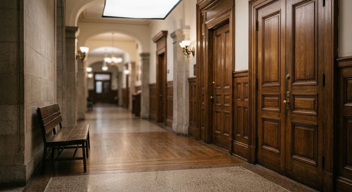 a courthouse corridor with tall wooden doors and an empty bench, soft afternoon light