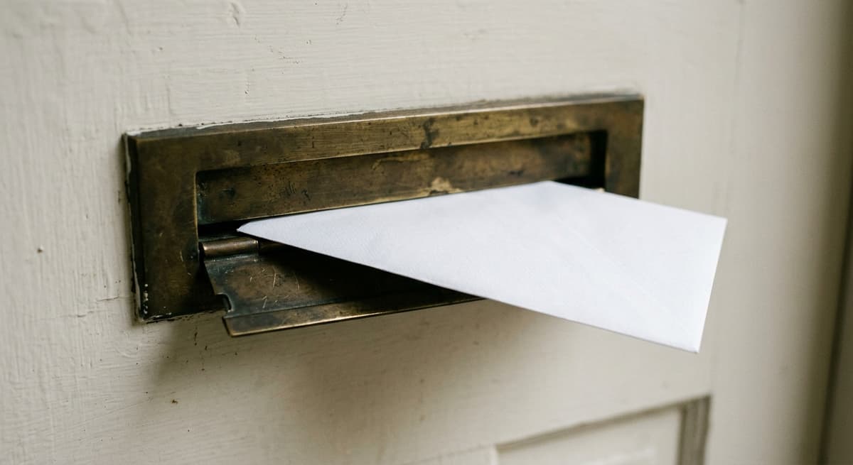a wall mailbox slot with a single white envelope halfway inserted, tight crop
