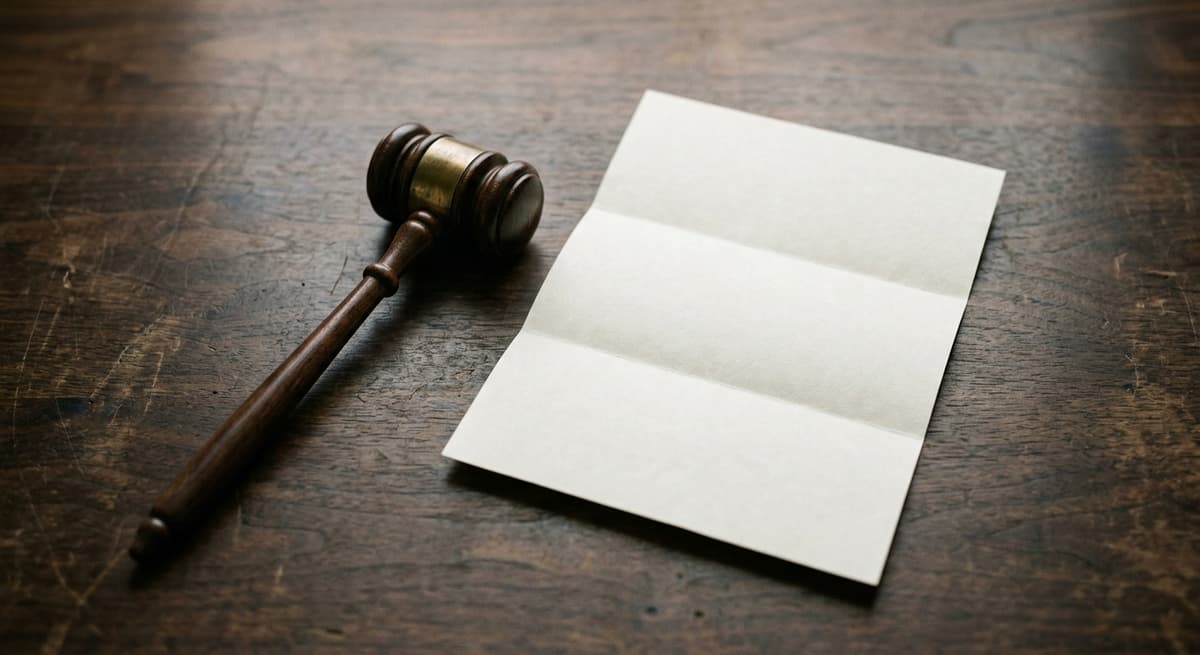 a gavel resting beside a folded document on a dark wood surface, no readable text