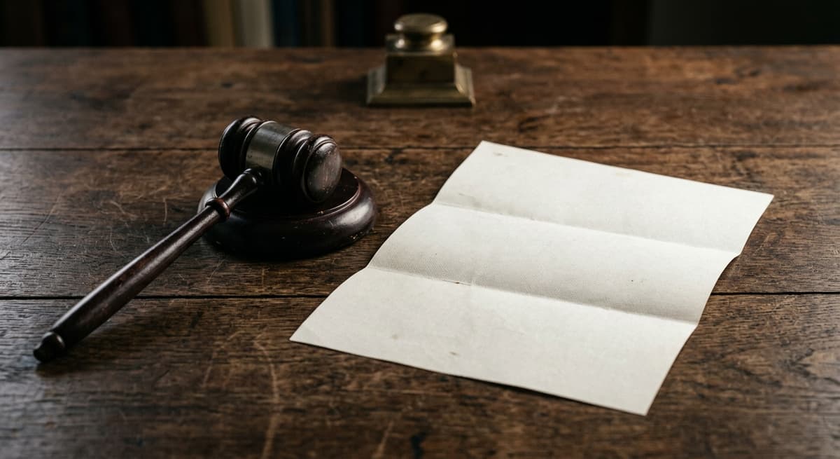 a gavel resting beside a folded document on a dark wood surface, no readable text