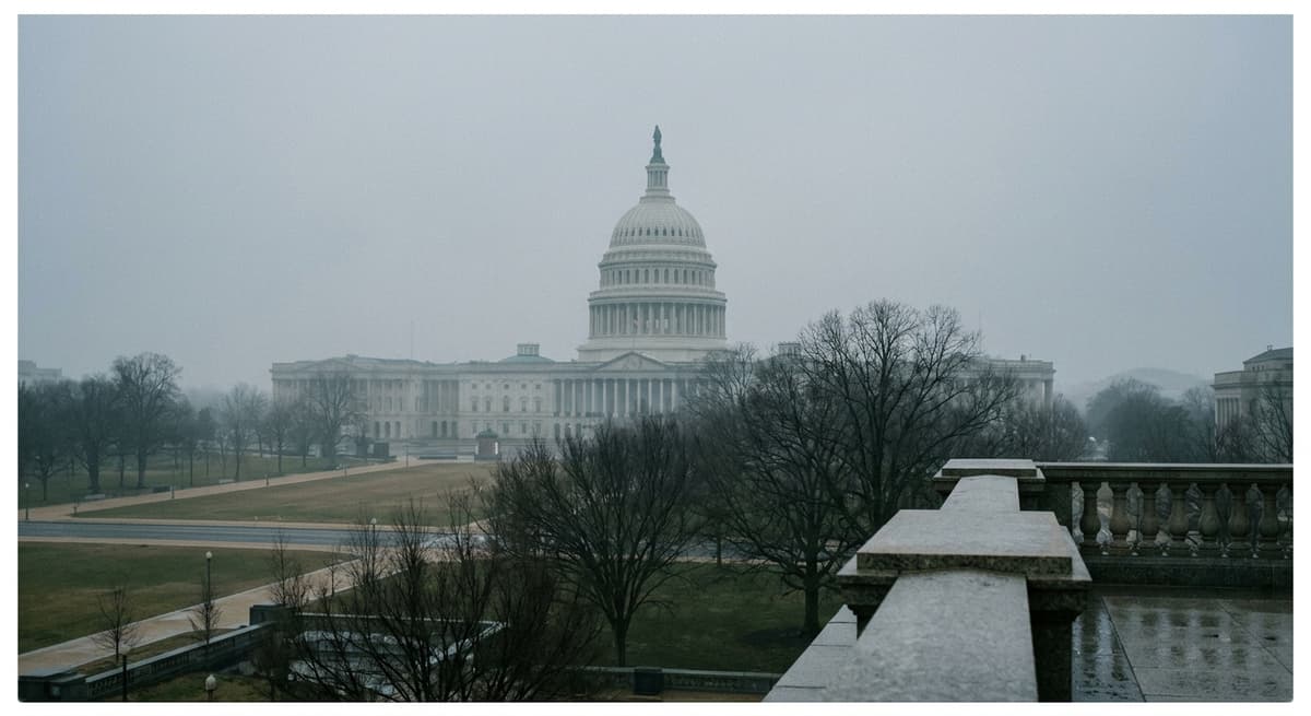 the U.S. Capitol dome at a distance through haze, no people, muted tones