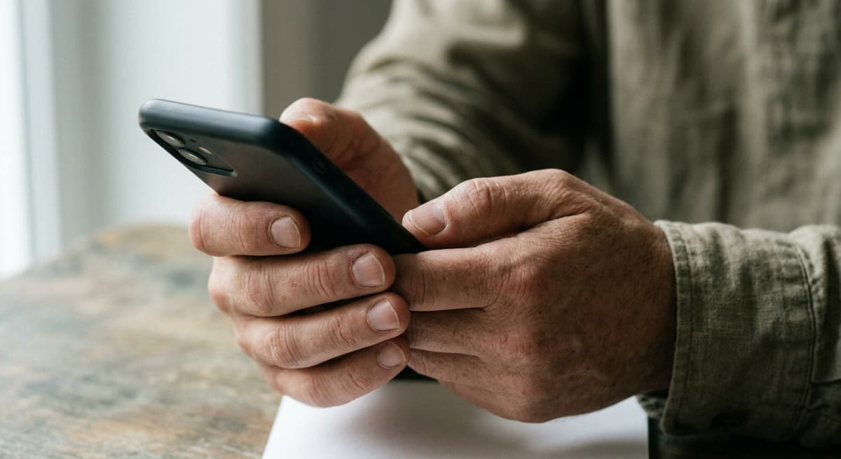 a close crop of hands holding a smartphone with the screen out of frame, neutral background