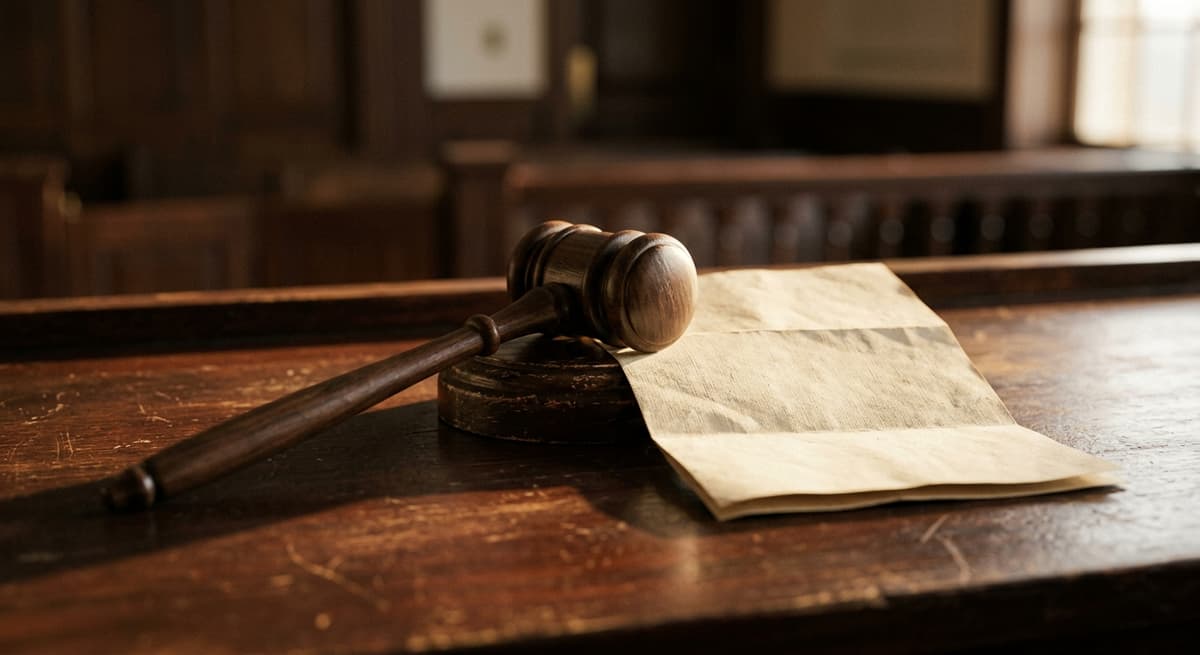 a gavel resting beside a folded document on a dark wood surface, no readable text