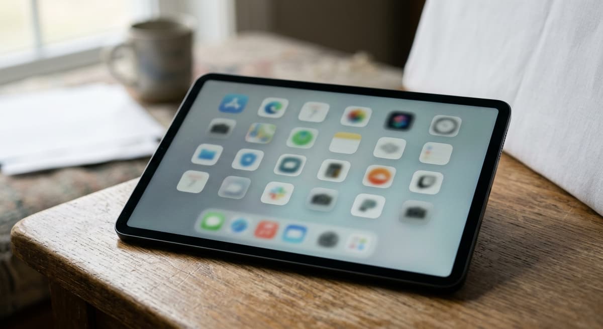 a close crop of an app-store-style grid of blank rounded squares on a tablet