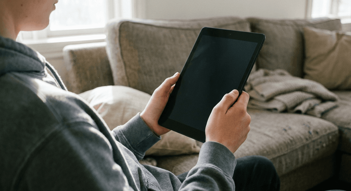 a teenager on a sofa holding a tablet whose screen is turned away, seen from over the shoulder