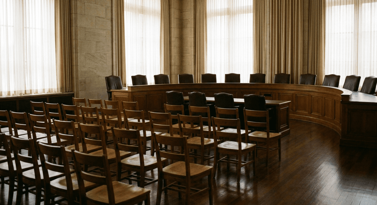 An empty legislative hearing room with wooden chairs facing a curved dais under tall curtained windows