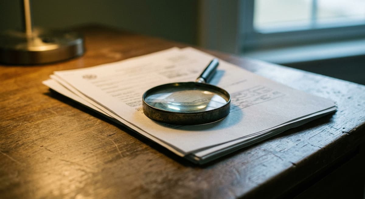 loupe posée sur une pile de pages imprimées
