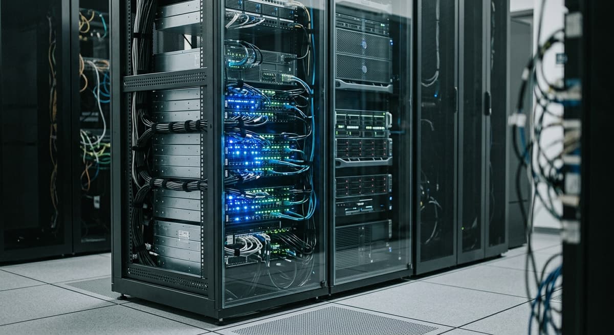 rack de servidores con luces LED azules y verdes parpadeantes detrás de un panel de vidrio