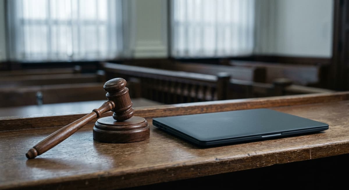 maillet en bois sur bloc sonore à côté d'un ordinateur portable fermé