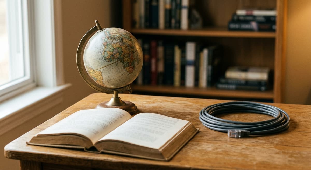 small globe beside open book and coiled network cable
