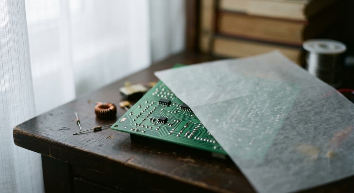 green circuit board partially covered by translucent vellum