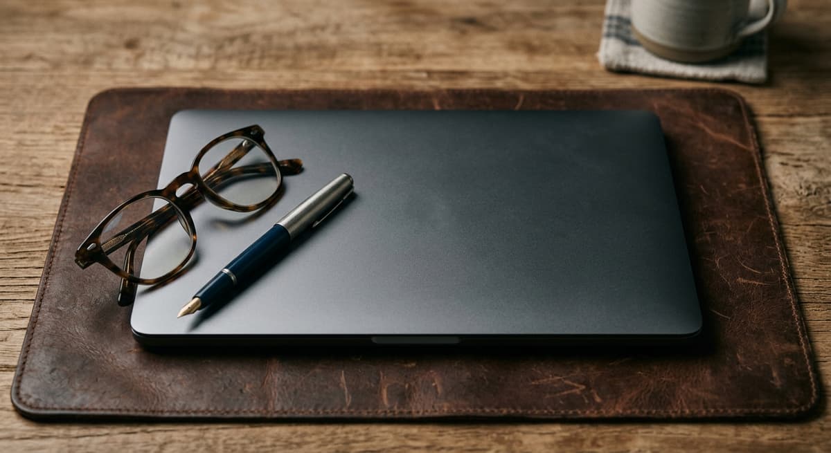 closed laptop with reading glasses and a fountain pen