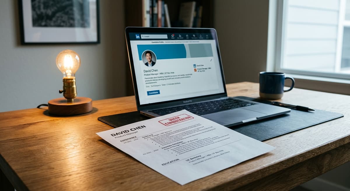 Ohio resume printout on a desk beside a laptop showing a candidate profile