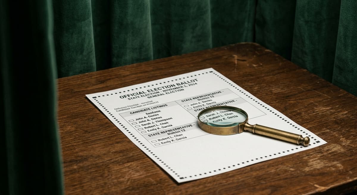 Florida election ballot with a magnifying glass resting on it in a voting booth