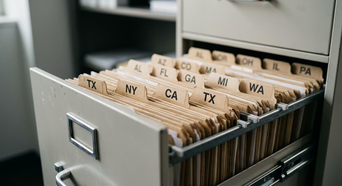 Oregon filing cabinet drawer open showing folders labeled with state abbreviations