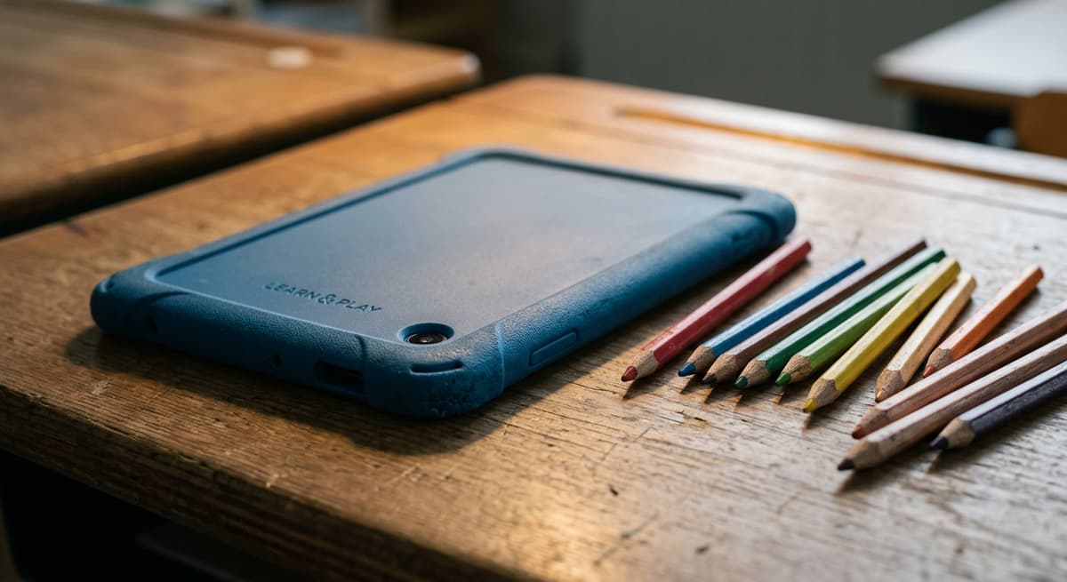 Ohio child-sized tablet device on a school desk beside colored pencils