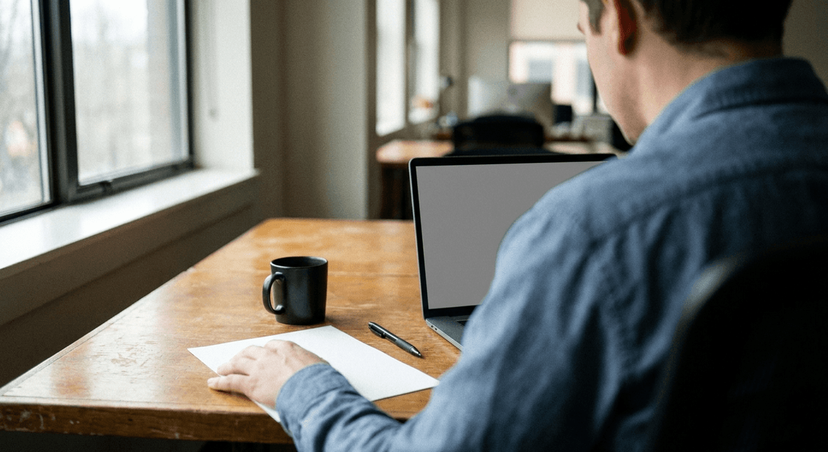 A hiring manager seen from behind at a desk with a laptop and a blank sheet of paper