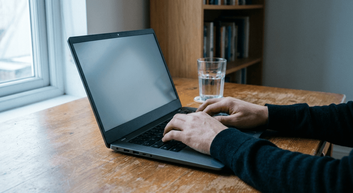 Hands typing on an unbranded laptop with a blank screen beside a glass of water