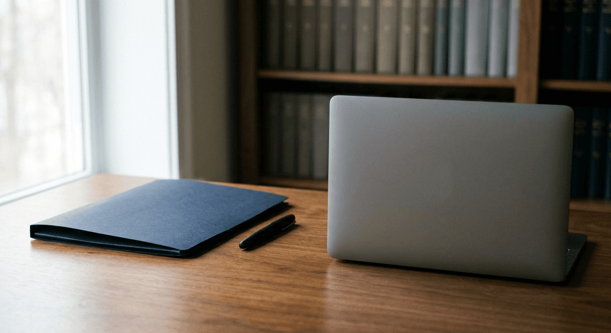 una carpeta azul marino cerrada y una pluma negra sobre un escritorio junto a una laptop de tapa gris lisa
