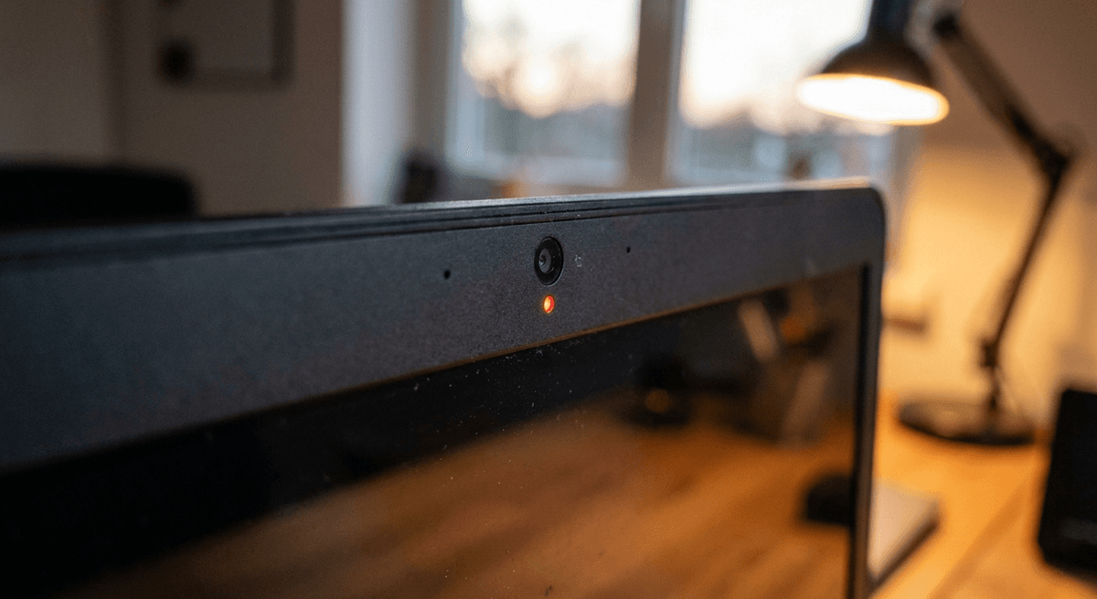 Close view of a laptop webcam lens with a small red recording light on a plain black bezel