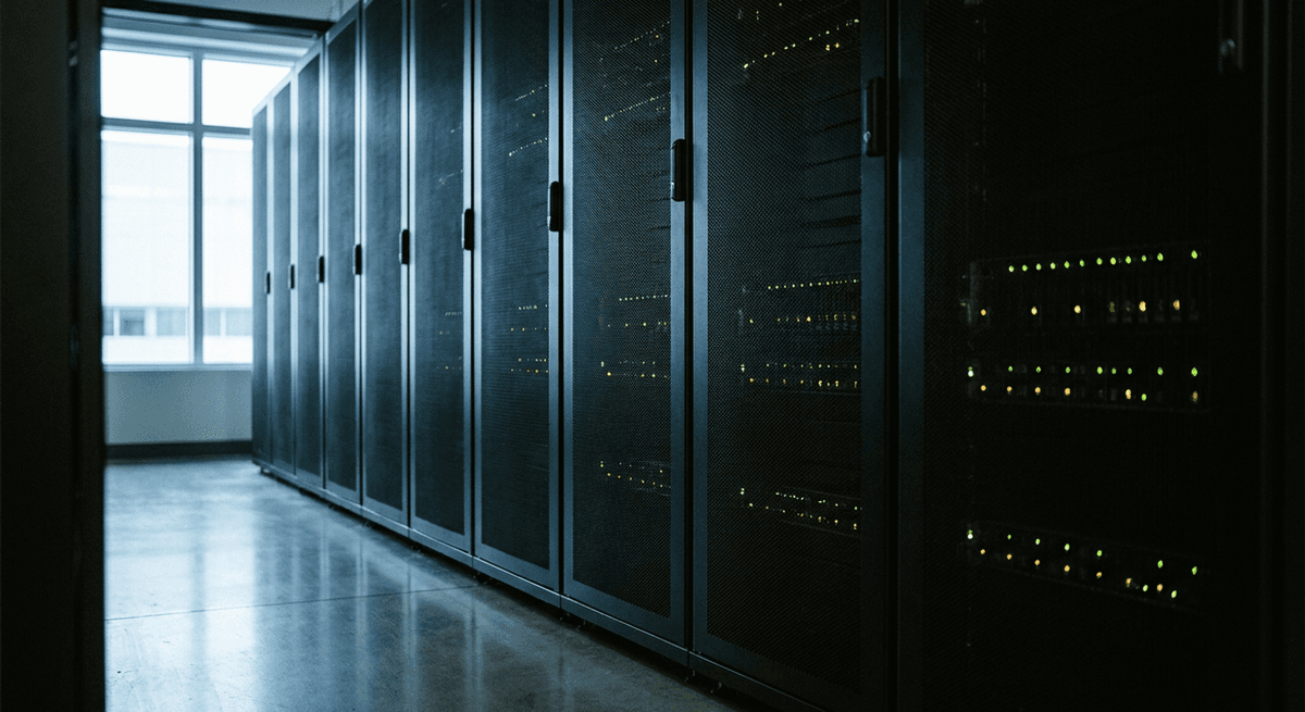row of black server cabinets with glowing green and amber status lights in a quiet data centre aisle