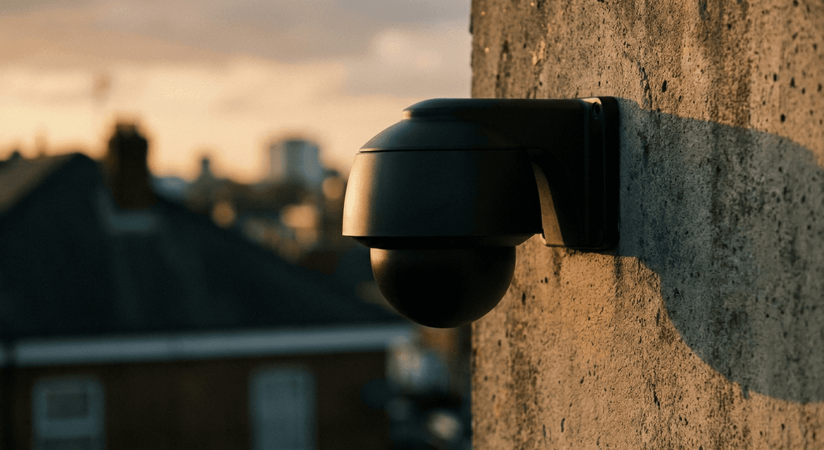 cámara de seguridad domo negra mate sobre un muro de hormigón al atardecer