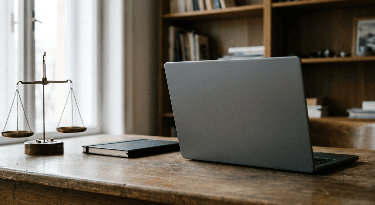 An unbranded laptop seen from behind on a worn wooden desk beside a brass balance scale and a closed notebook