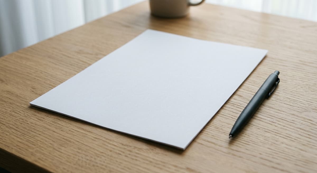 a printed document lying face-down beside a pen on a clean desk surface, no visible text