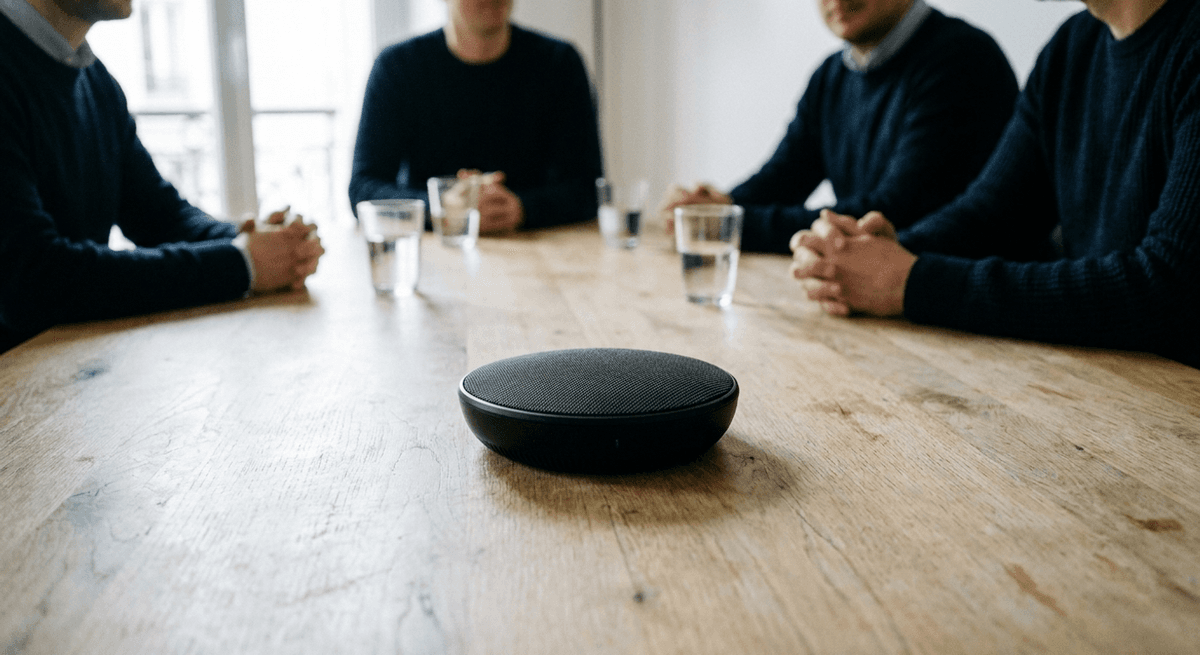 A black round conference speakerphone on a wooden meeting table with colleagues seated around it