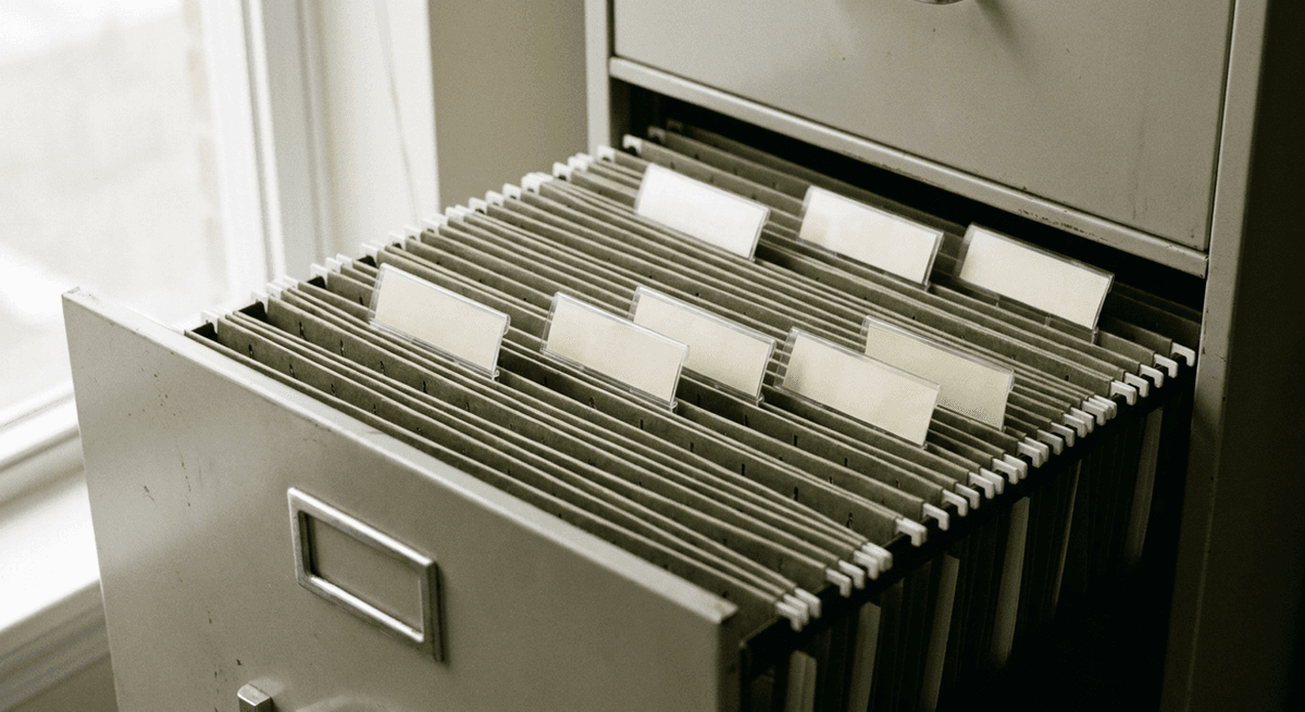 An open metal filing cabinet drawer full of green hanging folders with blank tabs, window light on the left