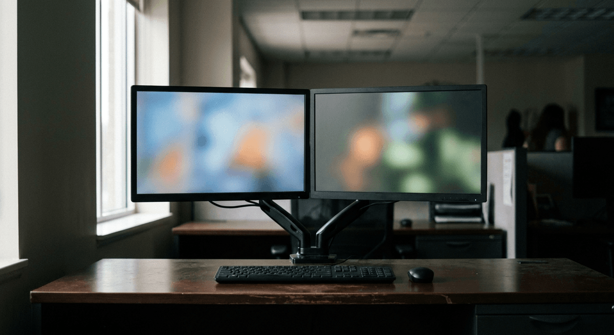 Two monitors on a desk arm showing soft abstract glows with a keyboard and mouse in front