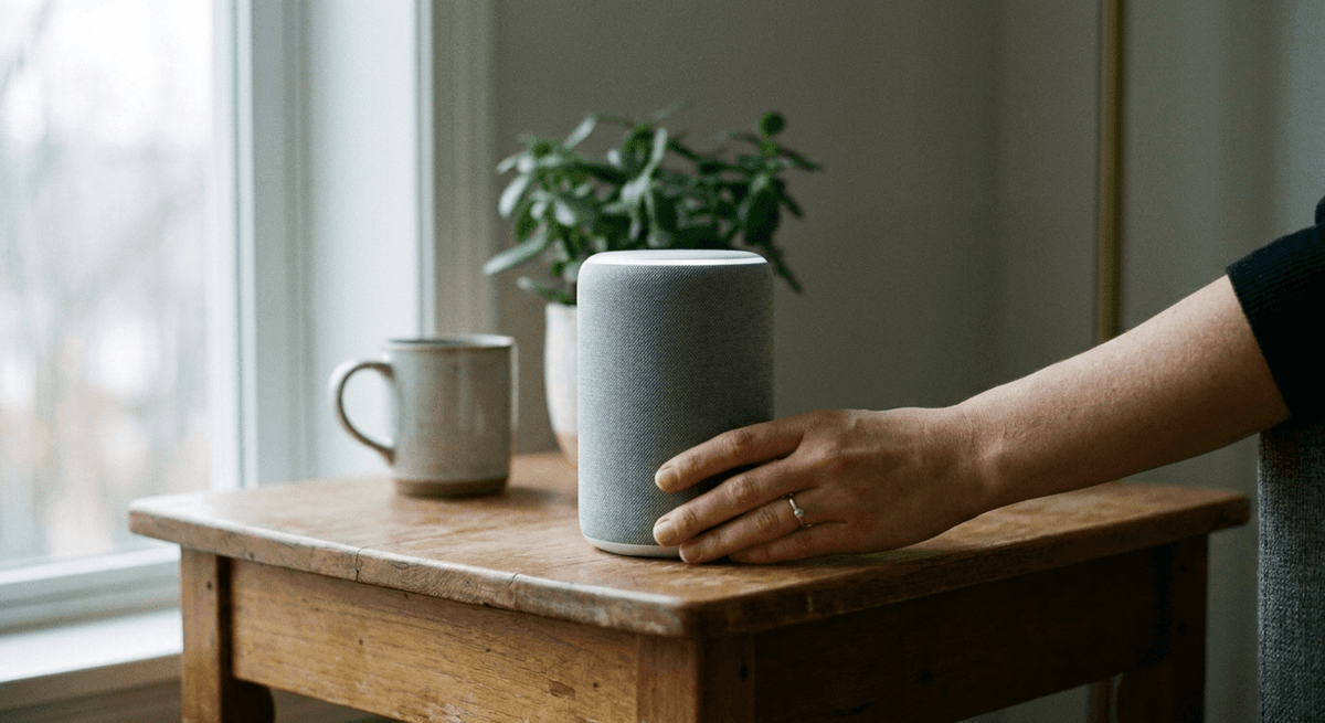A hand resting beside a plain matte-grey fabric smart speaker on a wooden side table in a bright living room