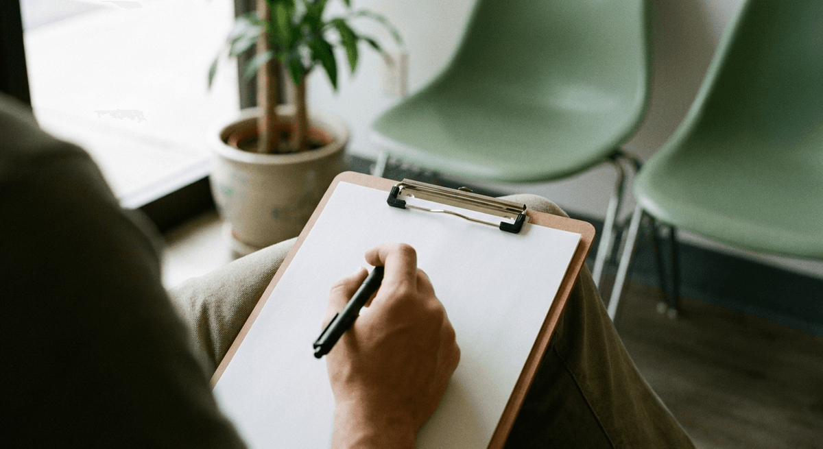 A patient's hand holding a black pen over a blank sheet on a clipboard in a clinic waiting area