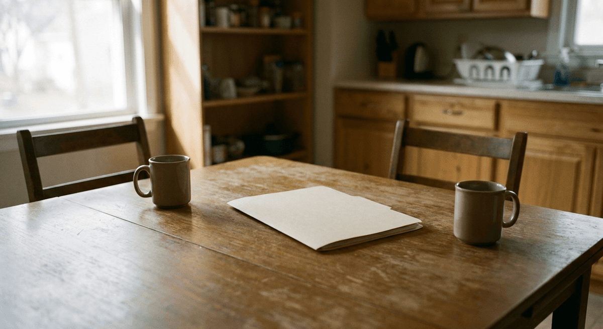 Two coffee mugs and a closed plain folder on a kitchen table between two empty chairs