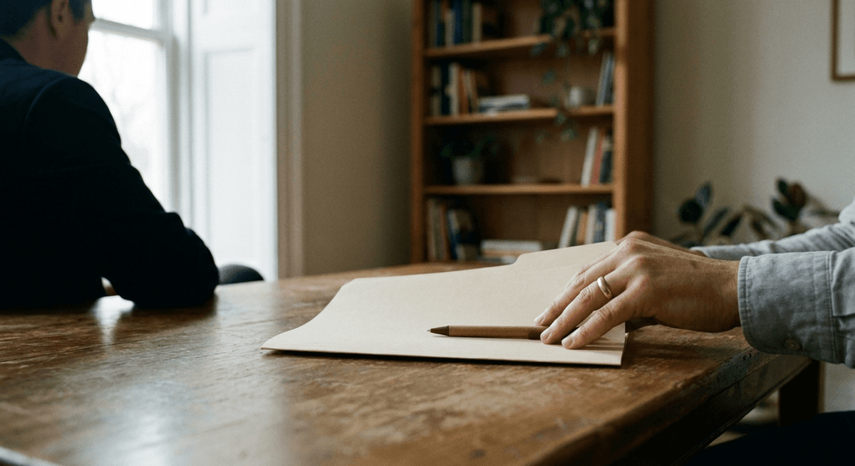 A hand with a pen resting on a closed folder across a wooden table from a person seen from behind