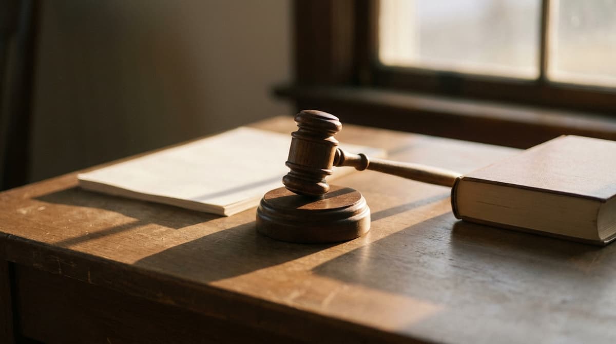 Virginia: a wooden gavel resting on its sound block on a plain desk in window light