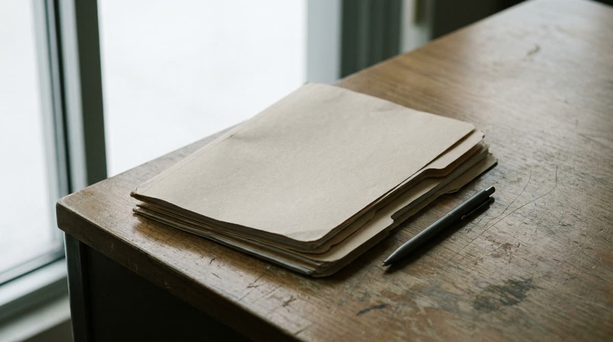 Alaska: a small stack of blank manila folders on a desk beside a pen