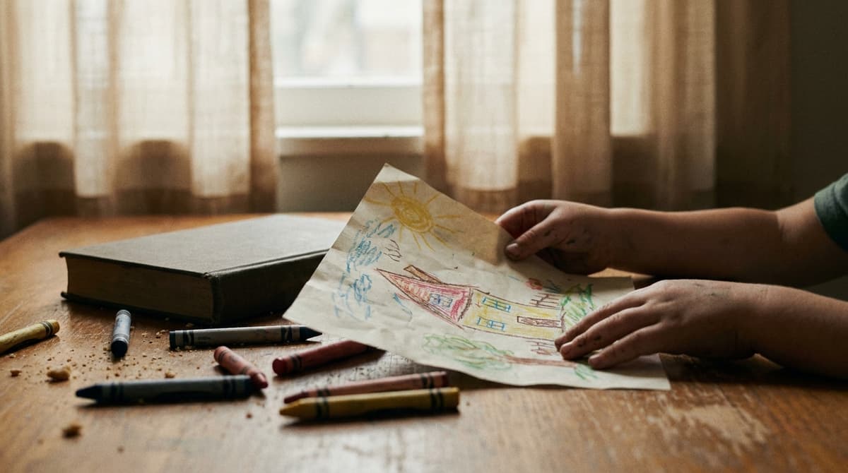 a crayon drawing of a house held by small hands on a kitchen table