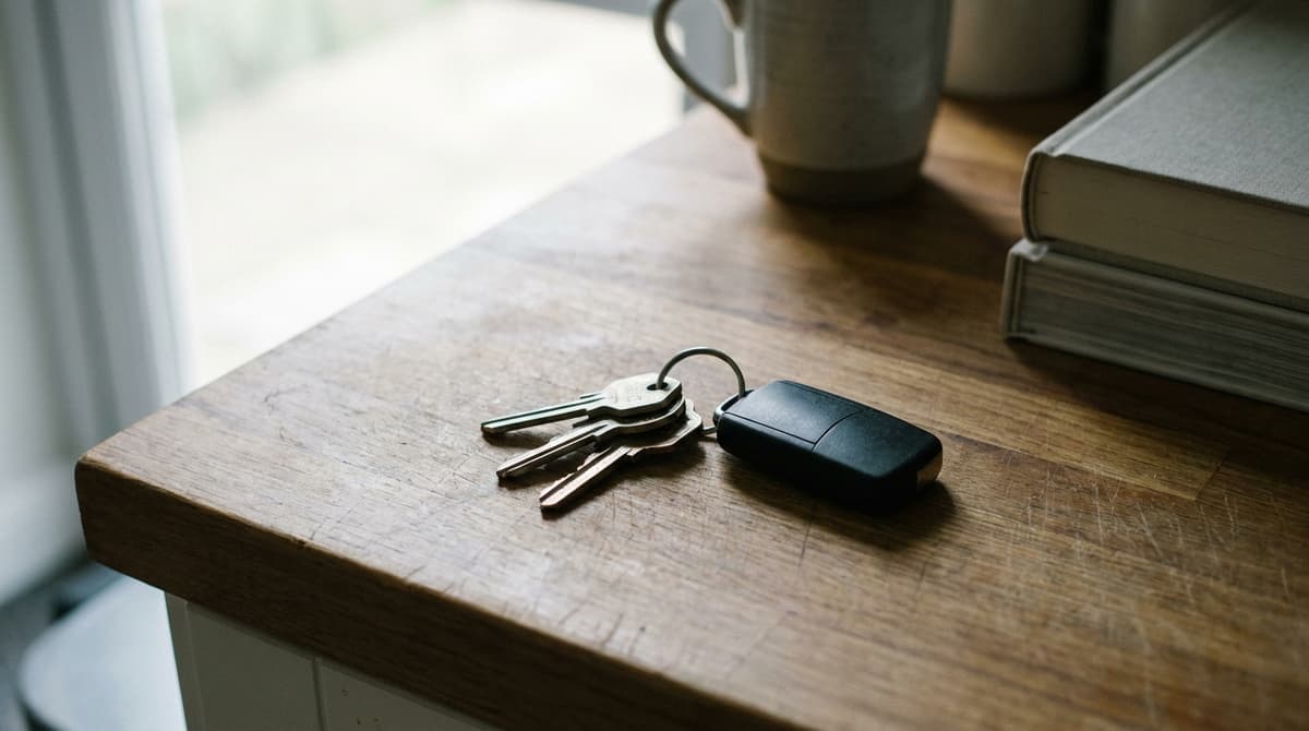 a set of house keys and a car key resting on a wooden kitchen counter