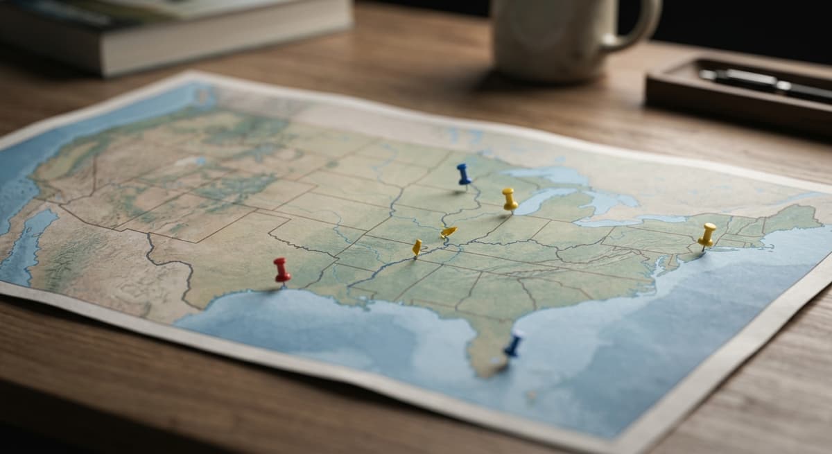 a printed map of the United States on a desk with a few small colored pins