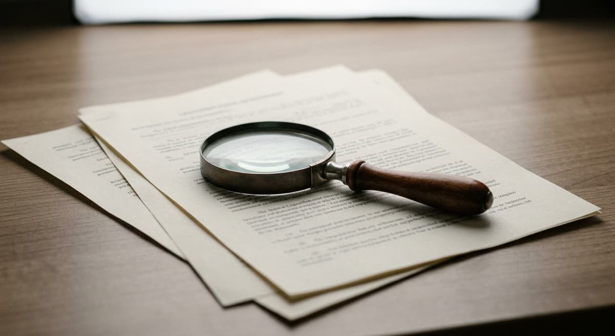 a magnifying glass resting on a printed legal document on a desk