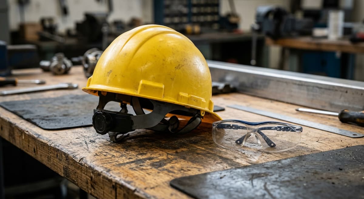 a hard hat and safety glasses resting on a workbench