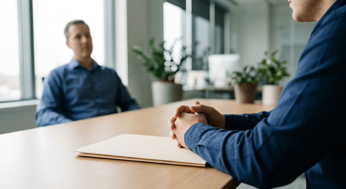 Folded hands rest on a closed folder across a desk from a blurred manager in a bright office