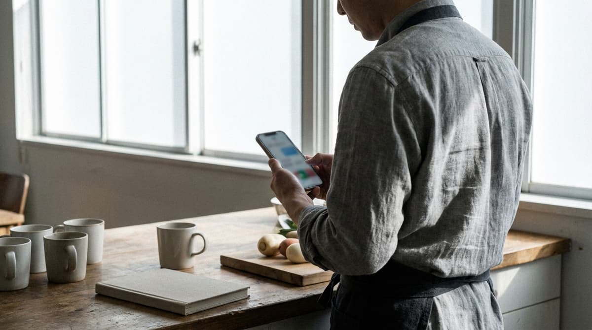 a person holding a smartphone showing a blurred banking or payments screen at a kitchen bench, no readable text or numbe