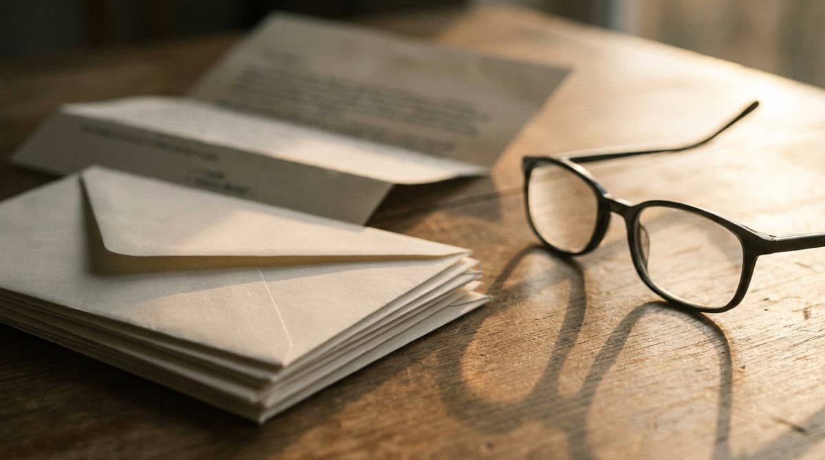 a stack of plain envelopes and a blurred letter on a wooden table beside reading glasses, no readable text