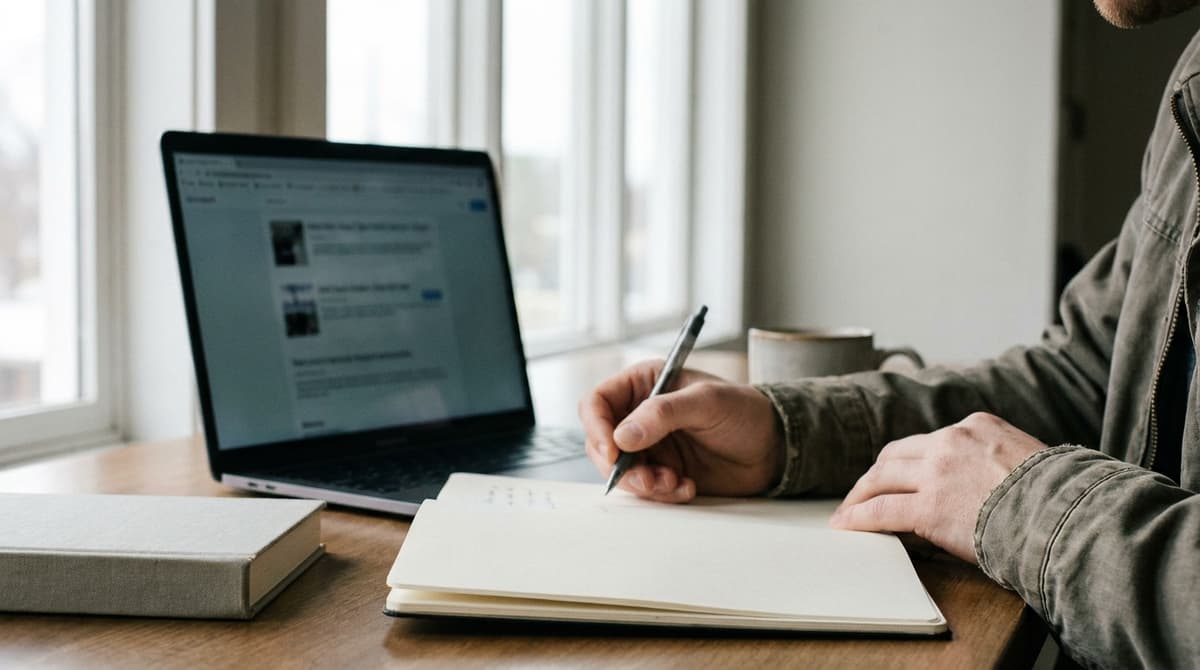 a person writing in a notebook next to a laptop showing a blurred job listing page, close up on hands, no readable text