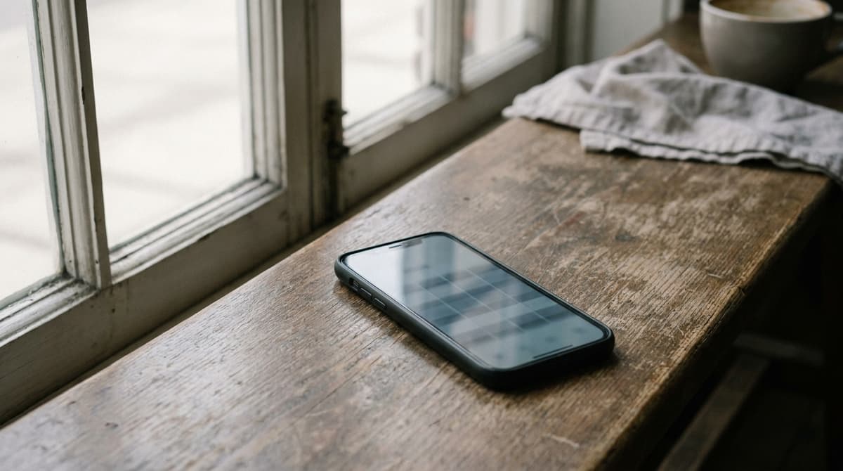 a smartphone lying on a wooden bench showing a blurred table of rows, no legible words or numbers