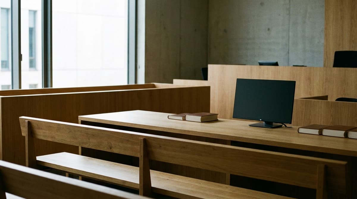 an empty modern courtroom with timber bench and bar table, natural light, no flags, no crests, no readable text
